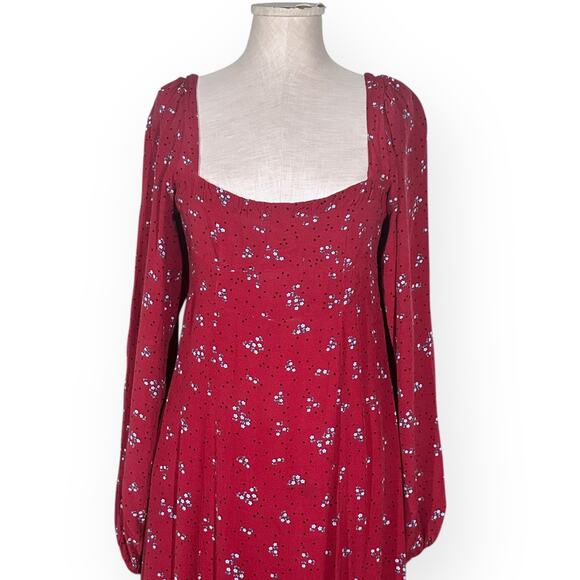 FREE PEOPLE Red Midi IRIS Dress Smocked Square Neck Puff Sleeve Cottagecore S - Picture 3 of 12
